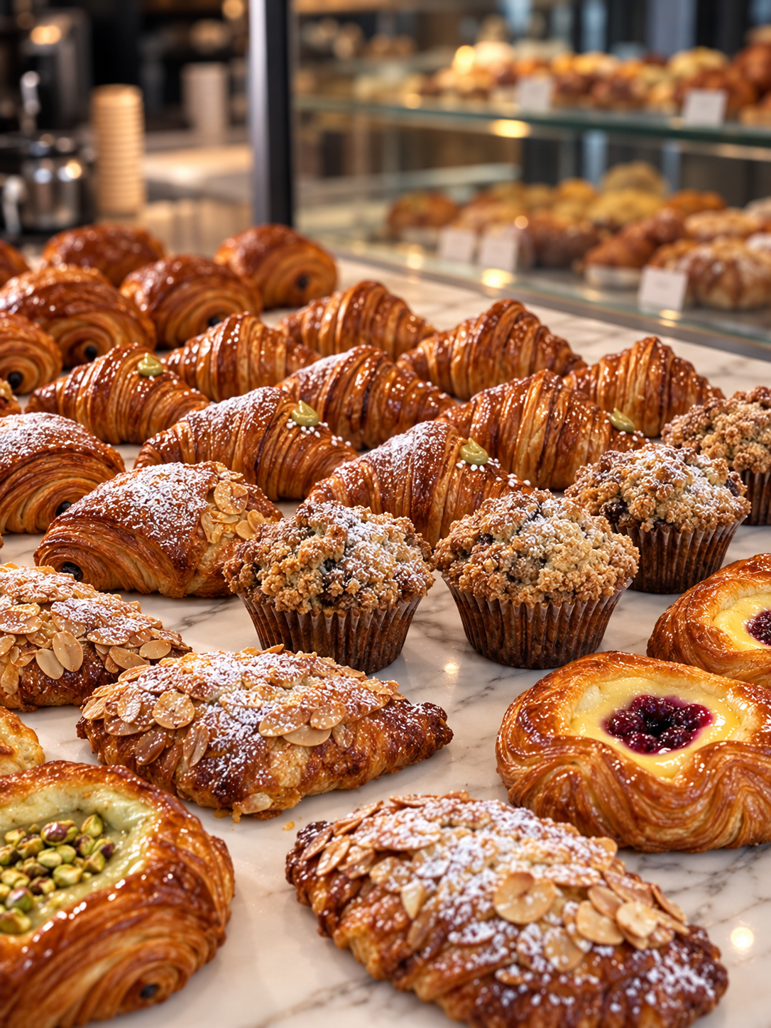 Croissants, muffins and almond pastries on the counter at Florentine Cafe & Bakery