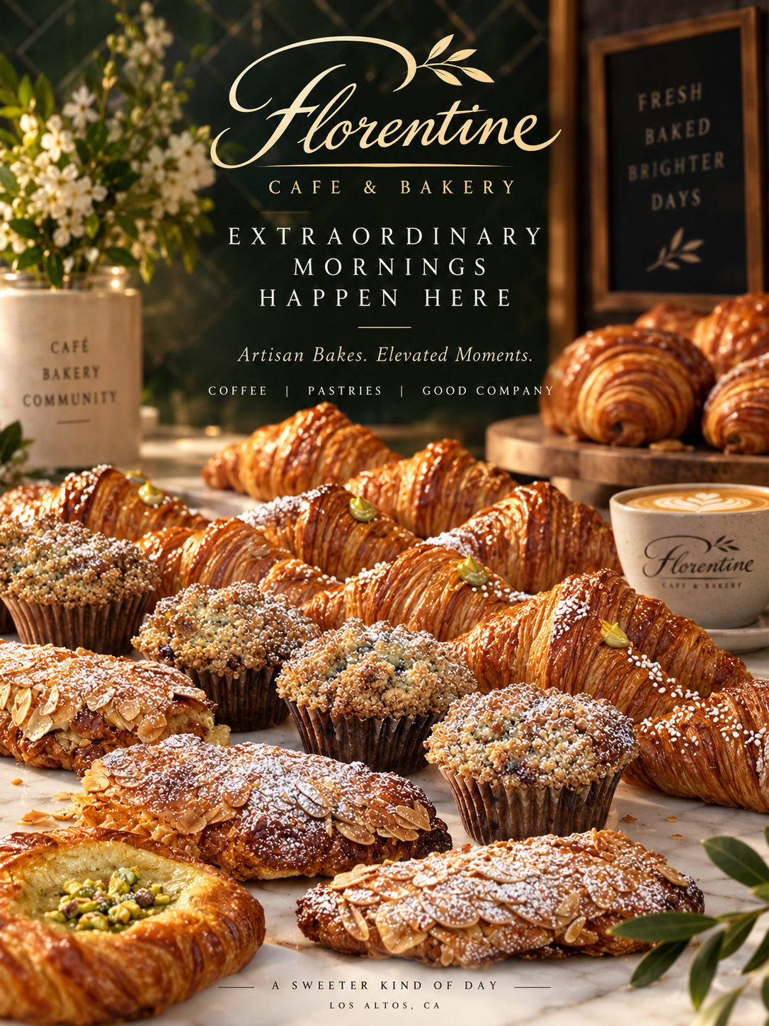 Promotional poster for Florentine Cafe & Bakery — Extraordinary Mornings Happen Here, with croissants, muffins and coffee