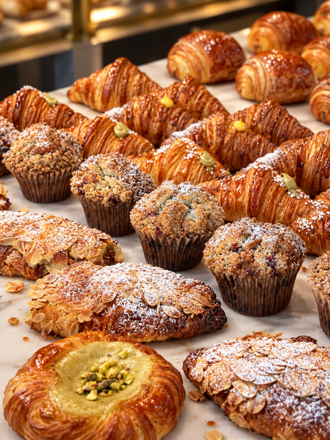Fresh pastries and croissants spread across the marble counter at Florentine Cafe & Bakery