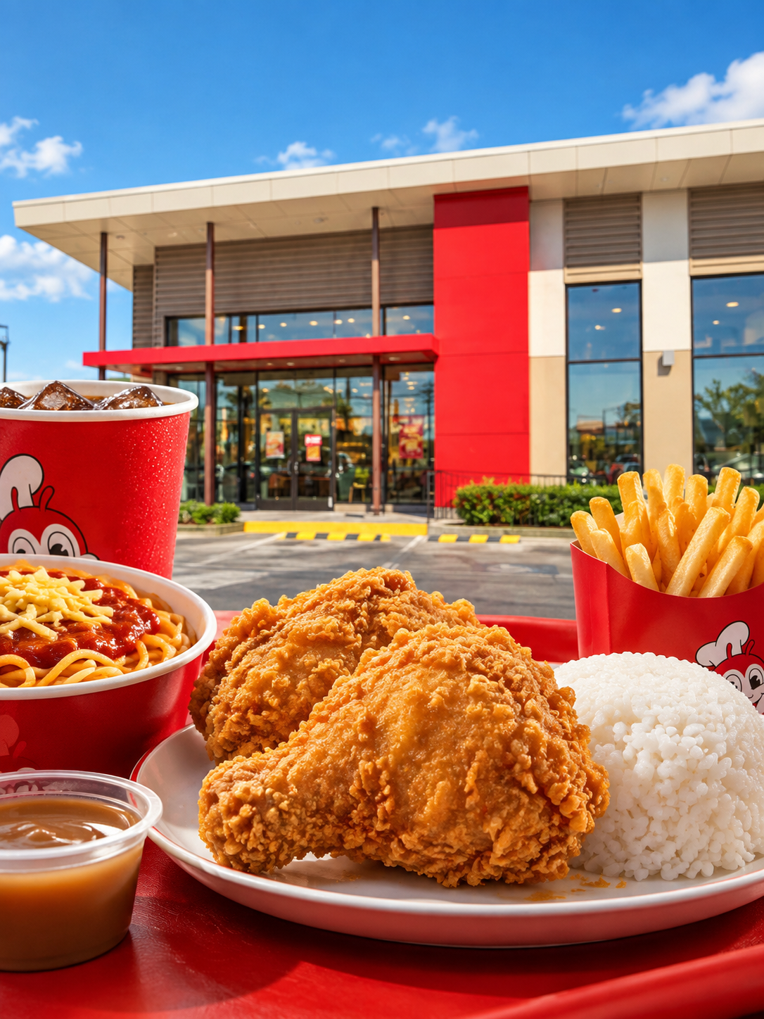 Jollibee favorites — Chickenjoy, fried chicken, spaghetti, fries, and rice outside the Las Vegas restaurant