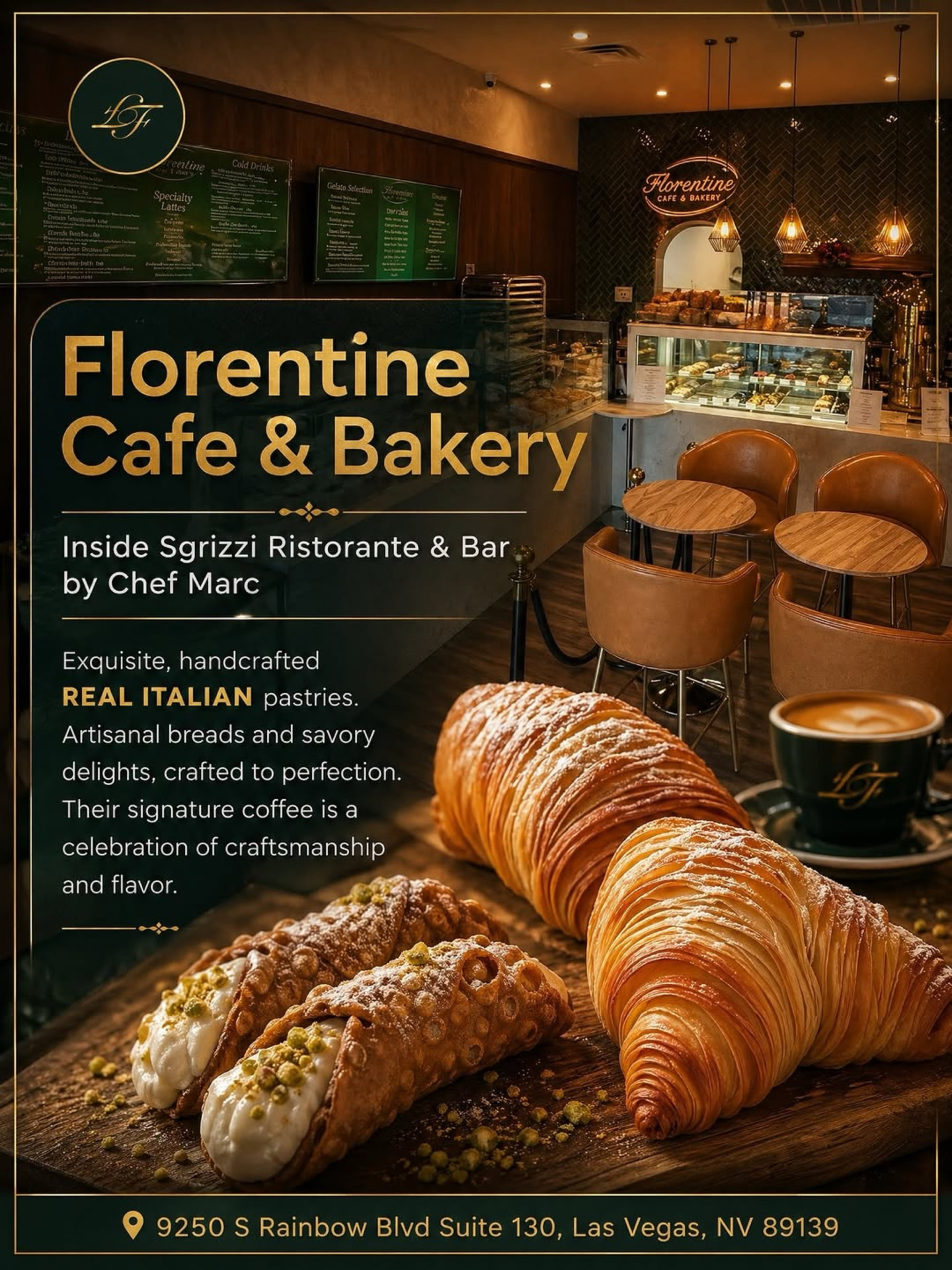 Promotional artwork for Florentine Cafe & Bakery featuring fresh pastries and espresso