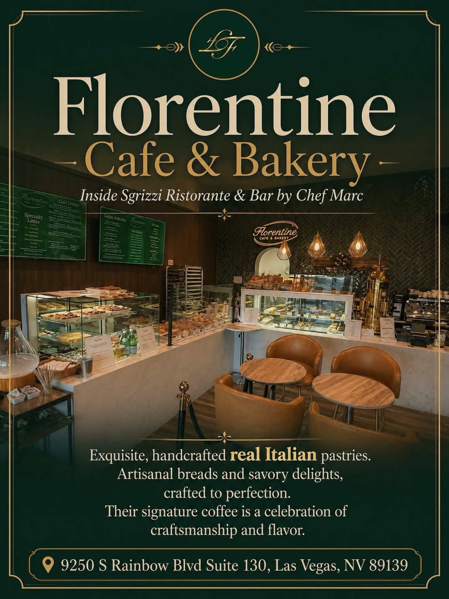 Promotional artwork for Florentine Cafe & Bakery showing the pastry counters and dining nook