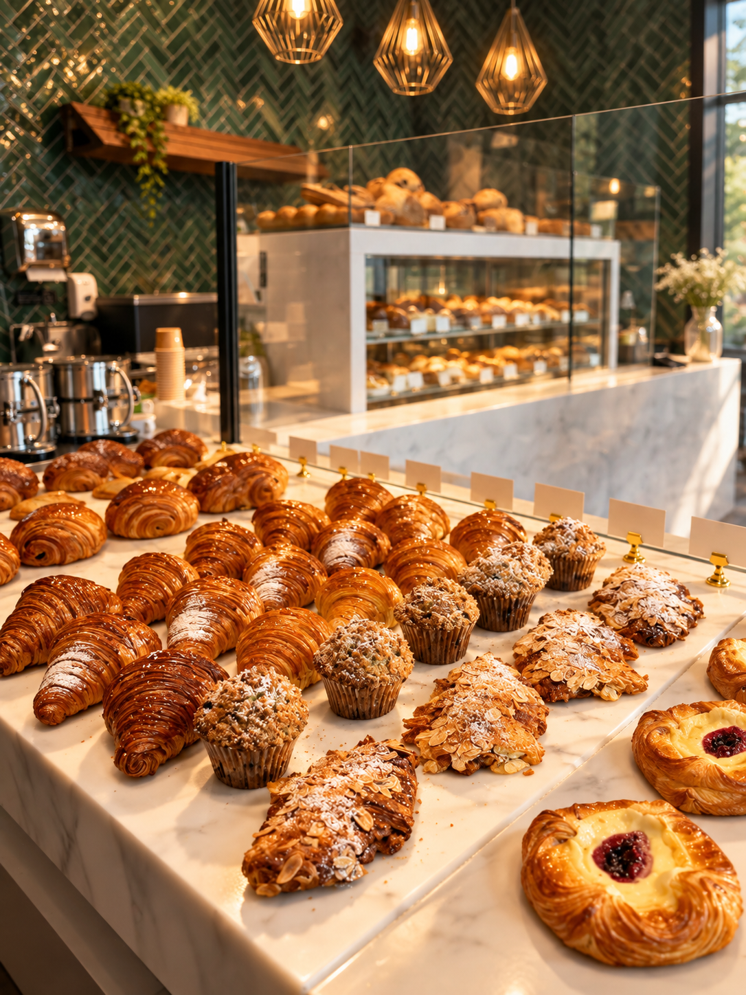 Fresh pastries on the marble counter in front of the pastry case at Florentine Cafe & Bakery